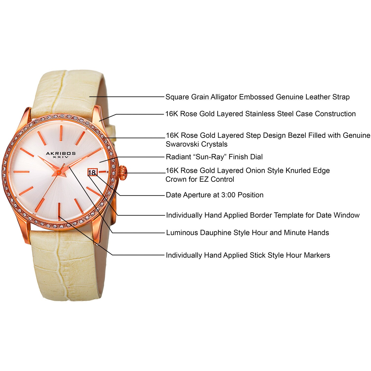 Akribos XXIV Analog Quartz Swarovski Crystal Alligator Genuine Leather Watch Akribos-XXIV-Womens-Swiss-  main image 2