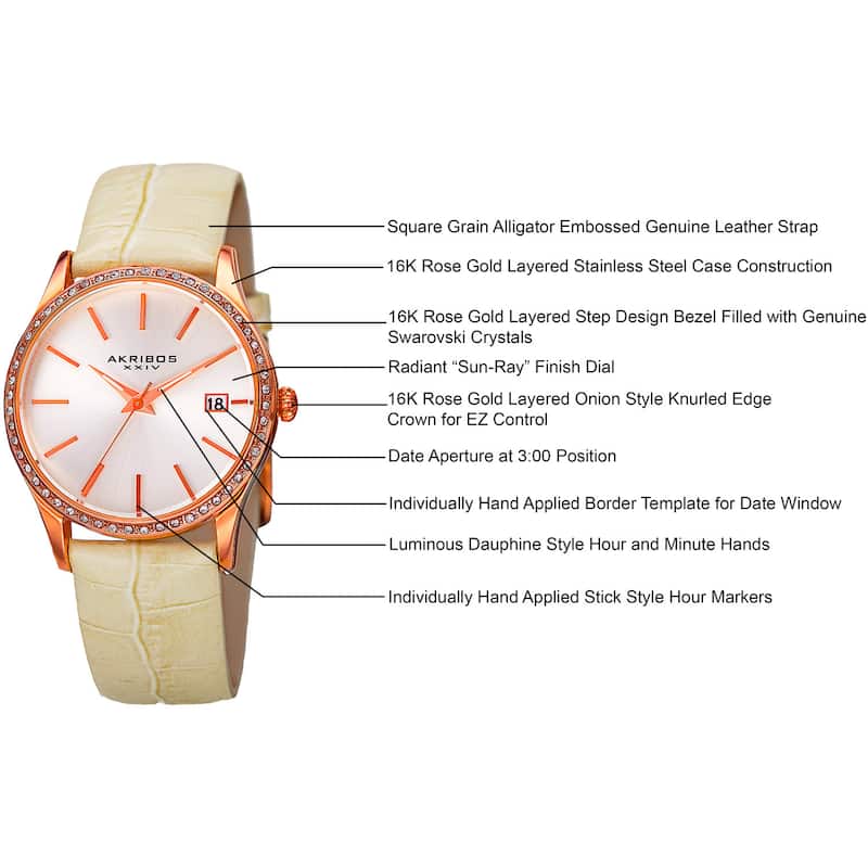 Akribos XXIV Women's Quartz Swarovski Crystal Leather White Bracelet Watch