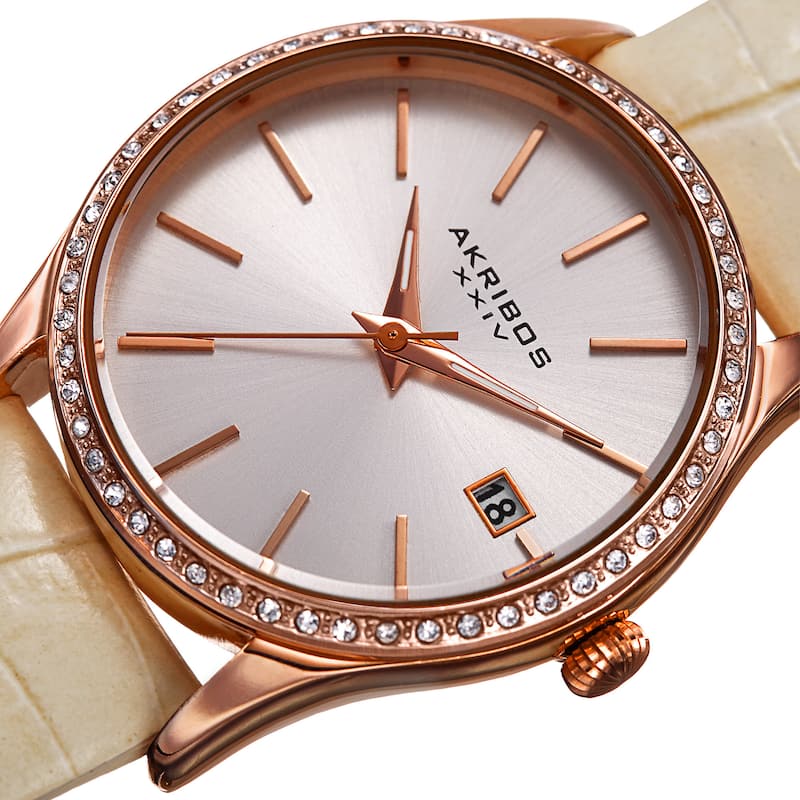 Akribos XXIV Women's Quartz Swarovski Crystal Leather White Bracelet Watch