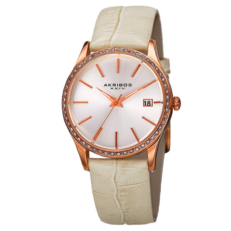 Akribos XXIV Women's Quartz Swarovski Crystal Leather White Bracelet Watch