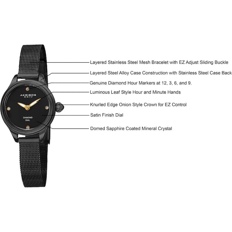 Akribos XXIV Women's Quartz Diamond Stainless Steel Black Bracelet Watch