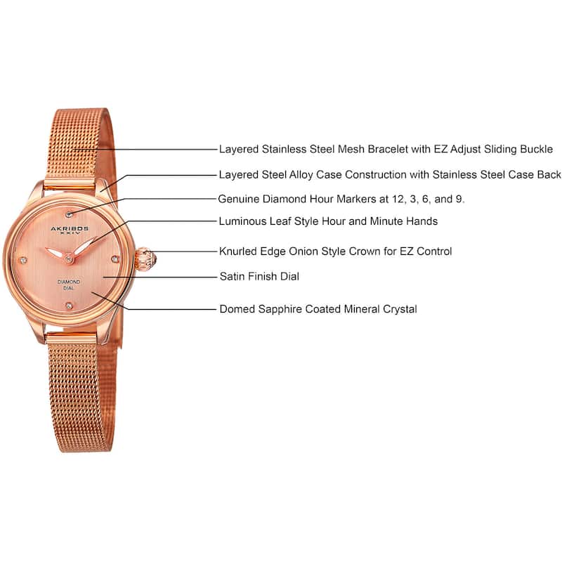 Akribos XXIV Women's Quartz Diamond Stainless Steel Rose-Tone Bracelet Watch - Gold