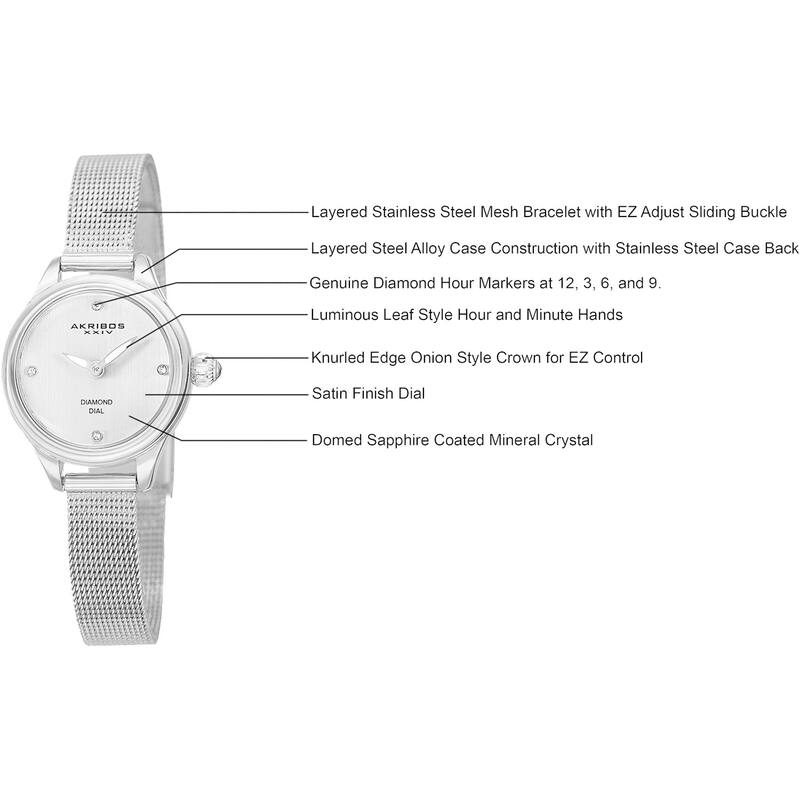 Akribos XXIV Women's Quartz Diamond Stainless Steel Silver-Tone Bracelet Watch - silver