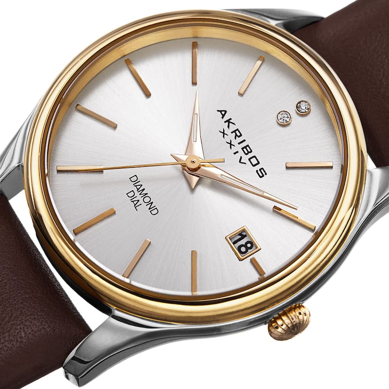 Akribos XXIV Women's Quartz Diamond Leather Brown Strap Watch