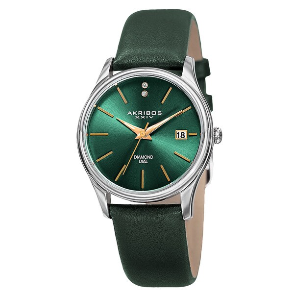 Akribos XXIV Women's Quartz Diamond Leather Green Strap Watch with FREE Bangle