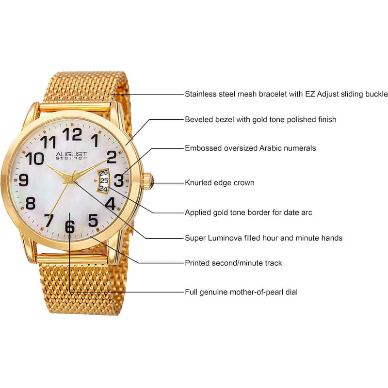 August Steiner Men's Quartz Stainless Steel Mesh Gold-Tone Bracelet Watch
