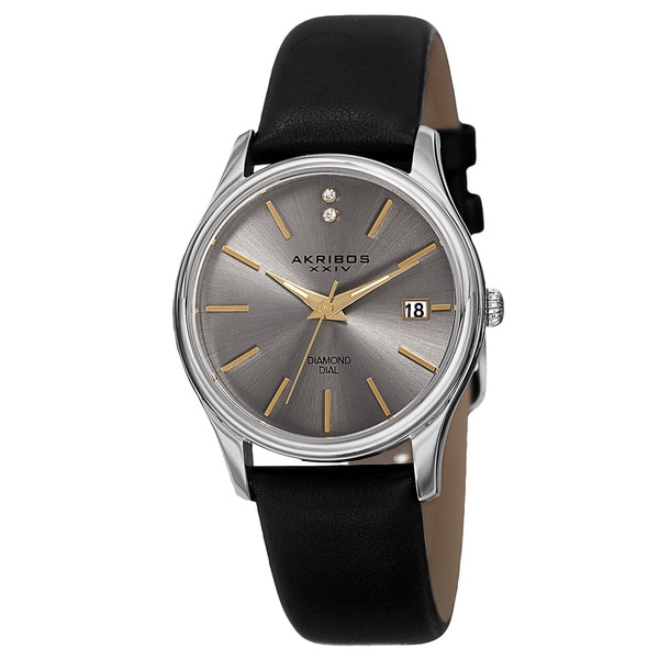 Akribos XXIV Women's Quartz Diamond Leather Silver-Tone Strap Watch with FREE Bangle - silver