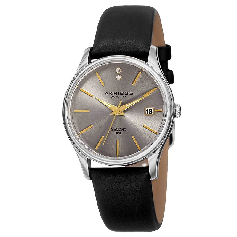 Akribos XXIV Women's Quartz Diamond Leather Strap Watch Gifts for Her - black