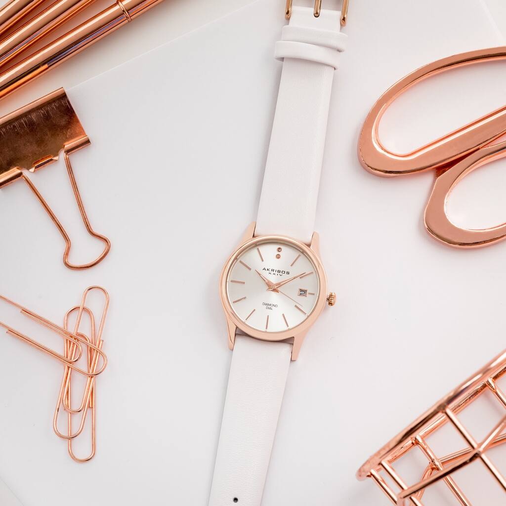 Akribos XXIV Women's Quartz Diamond Leather Strap Watch Gifts for Her