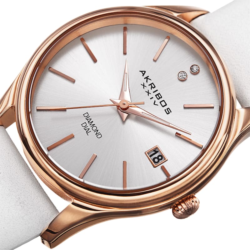 Akribos XXIV Women's Quartz Diamond Leather White Strap Watch