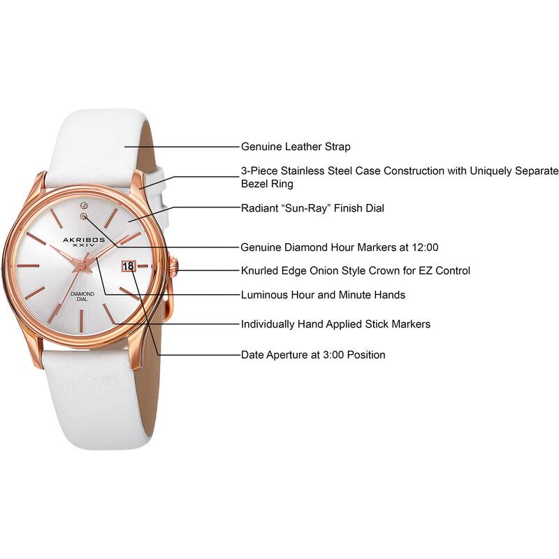 Akribos XXIV Women's Quartz Diamond Leather White Strap Watch