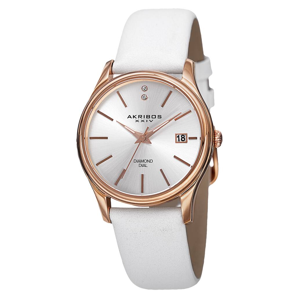 Akribos XXIV Women's Quartz Diamond Leather White Strap Watch