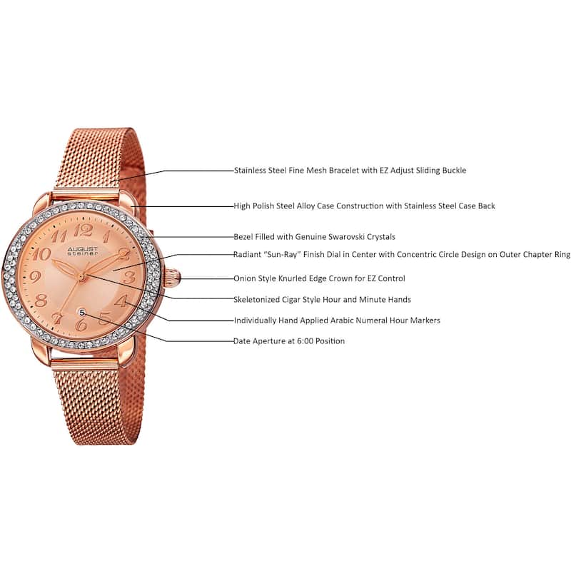 August Steiner Women's Quartz Swarovski Crystals Stainless Steel Rose-Tone Bracelet Watch - Gold