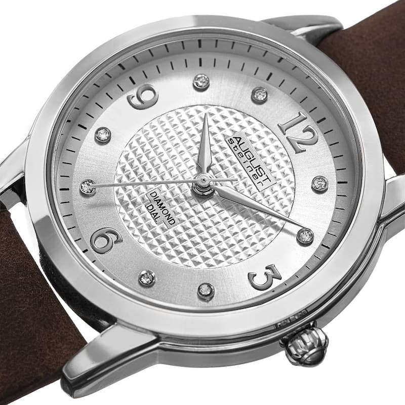 August Steiner Women's Quartz Diamond Leather Brown Strap Watch