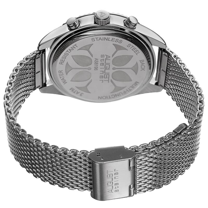 August Steiner Men's Swiss Quartz Multifunction Dual Time Stainless Steel Red Bracelet Watch