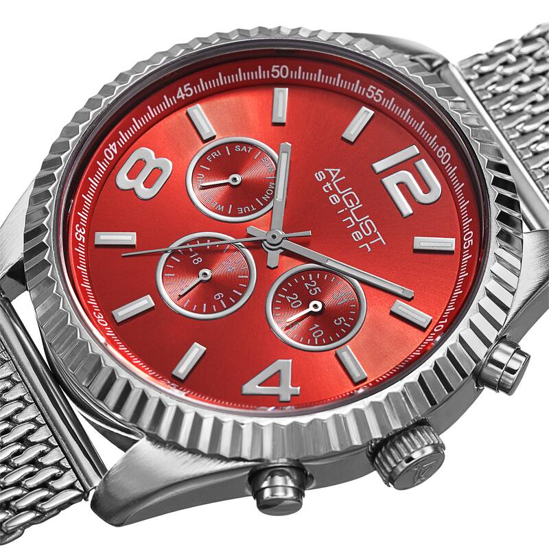 August Steiner Men's Swiss Quartz Multifunction Dual Time Stainless Steel Red Bracelet Watch