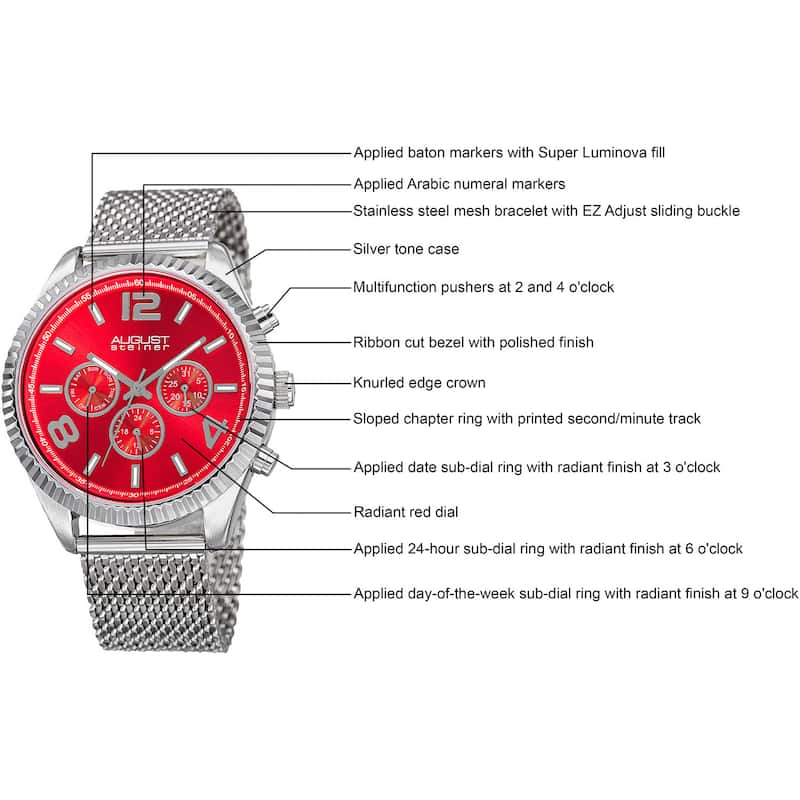 August Steiner Men's Swiss Quartz Multifunction Dual Time Stainless Steel Red Bracelet Watch