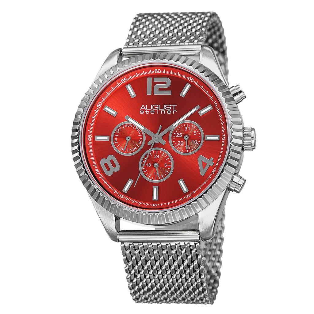 August Steiner Men's Swiss Quartz Multifunction Dual Time Stainless Steel Red Bracelet Watch