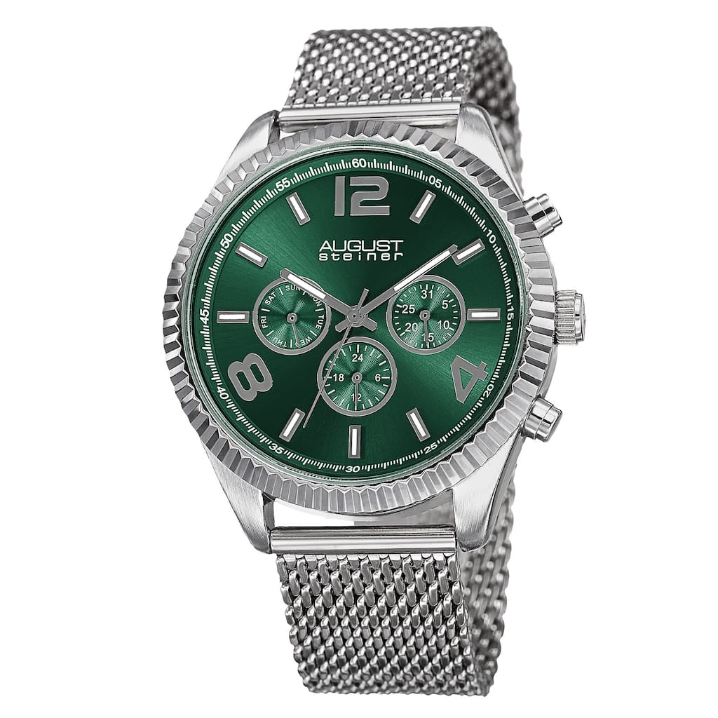 August Steiner Men's Swiss Quartz Multifunction Dual Time Stainless Steel Green Bracelet Watch