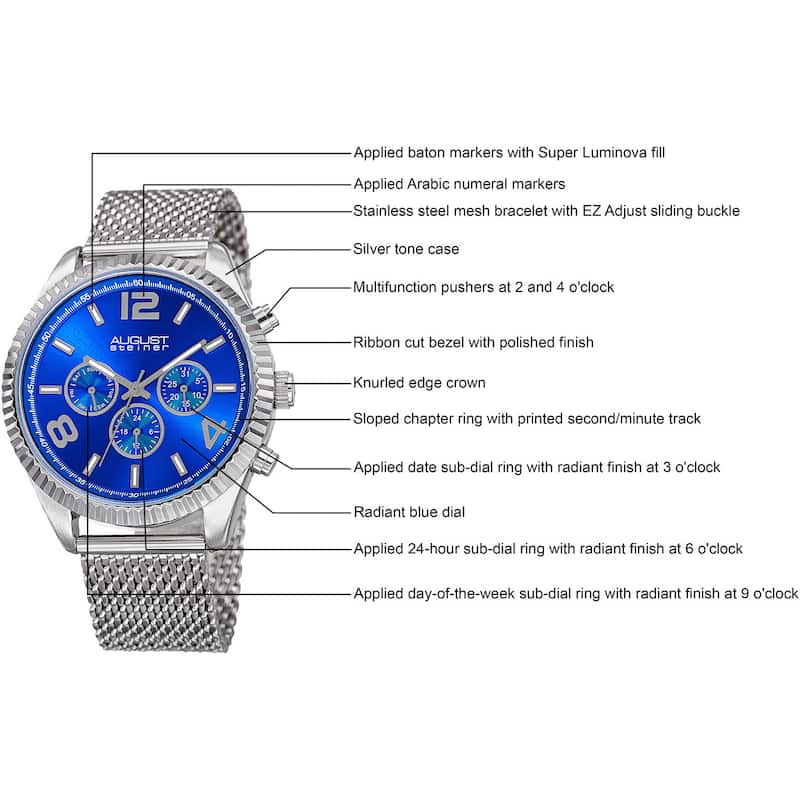 August Steiner Men's Swiss Quartz Multifunction Dual Time Stainless Steel Silver-Tone Bracelet Watch - Blue