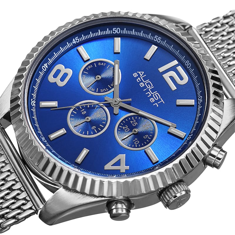 August Steiner Men's Swiss Quartz Multifunction Dual Time Stainless Steel Silver-Tone Bracelet Watch - Blue