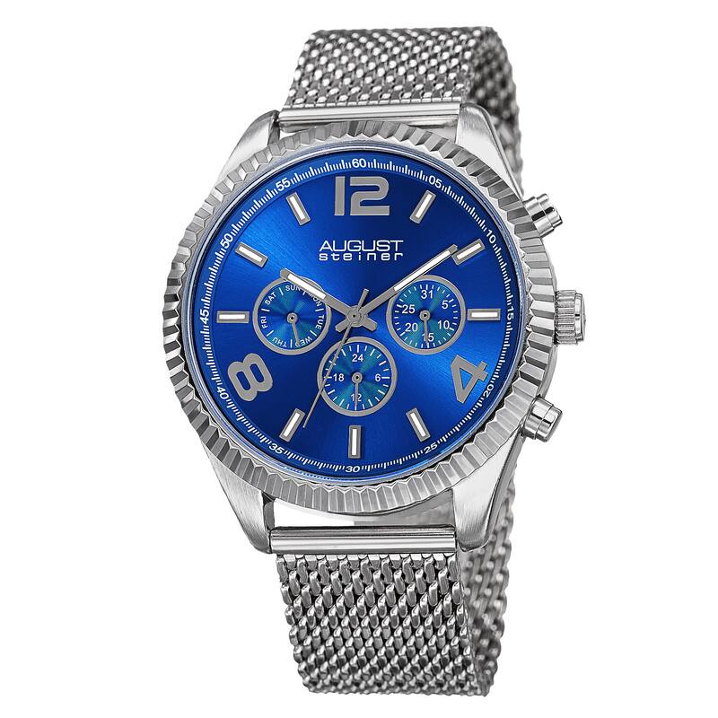 August Steiner Men's Swiss Quartz Multifunction Dual Time Stainless Steel Silver-Tone Bracelet Watch - Blue