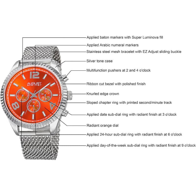 August Steiner Men's Swiss Quartz Multifunction Dual Time Stainless Steel Orange Bracelet Watch