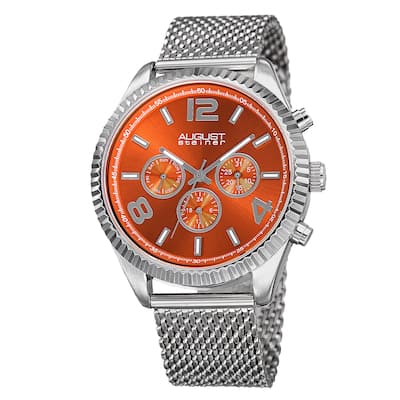 August Steiner Men's Swiss Quartz Multifunction Dual Time Stainless Steel Orange Bracelet Watch