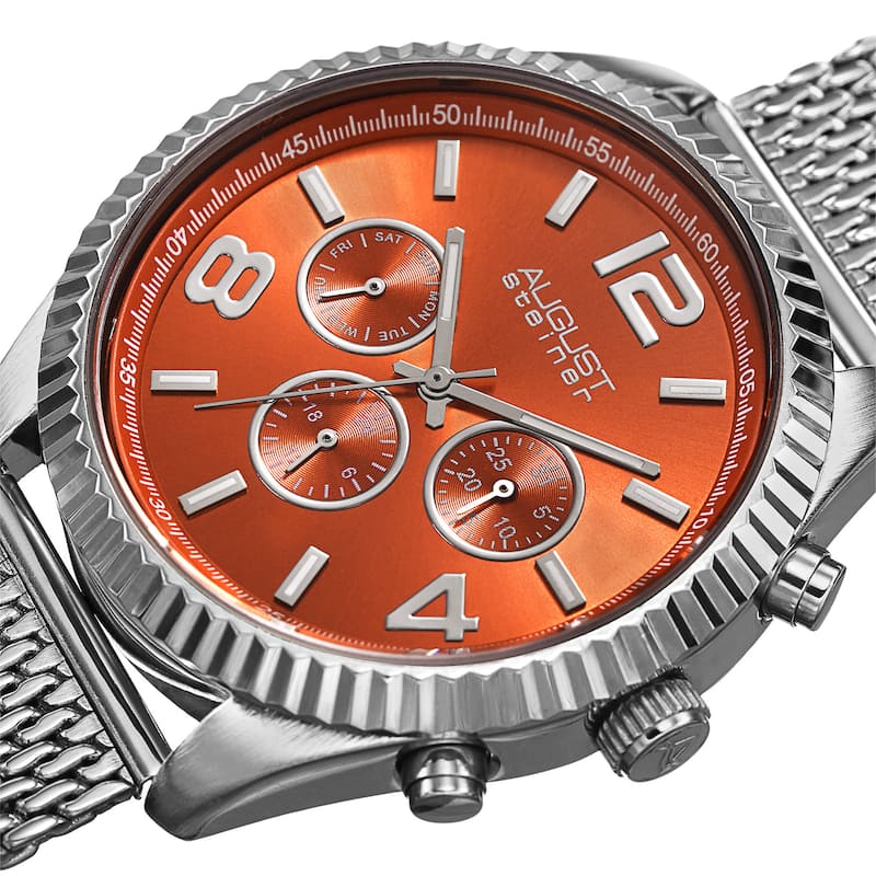 August Steiner Men's Swiss Quartz Multifunction Dual Time Stainless Steel Orange Bracelet Watch