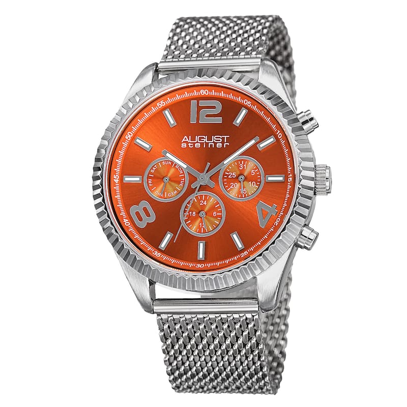 August Steiner Men's Swiss Quartz Multifunction Dual Time Stainless Steel Orange Bracelet Watch
