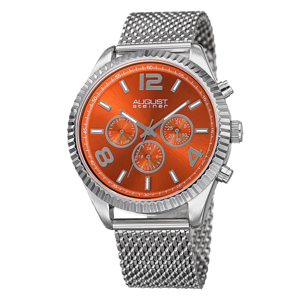 August Steiner Men's Swiss Quartz Multifunction Dual Time Stainless Steel Orange Bracelet Watch