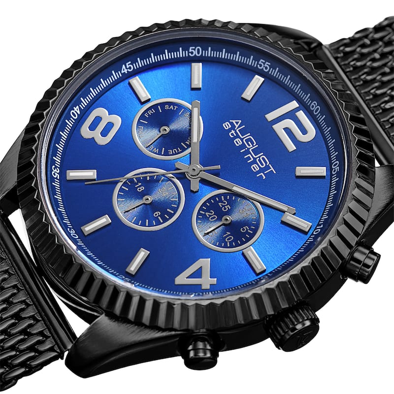 August Steiner Men's Swiss Quartz Multifunction Dual Time Stainless Steel Black Bracelet Watch