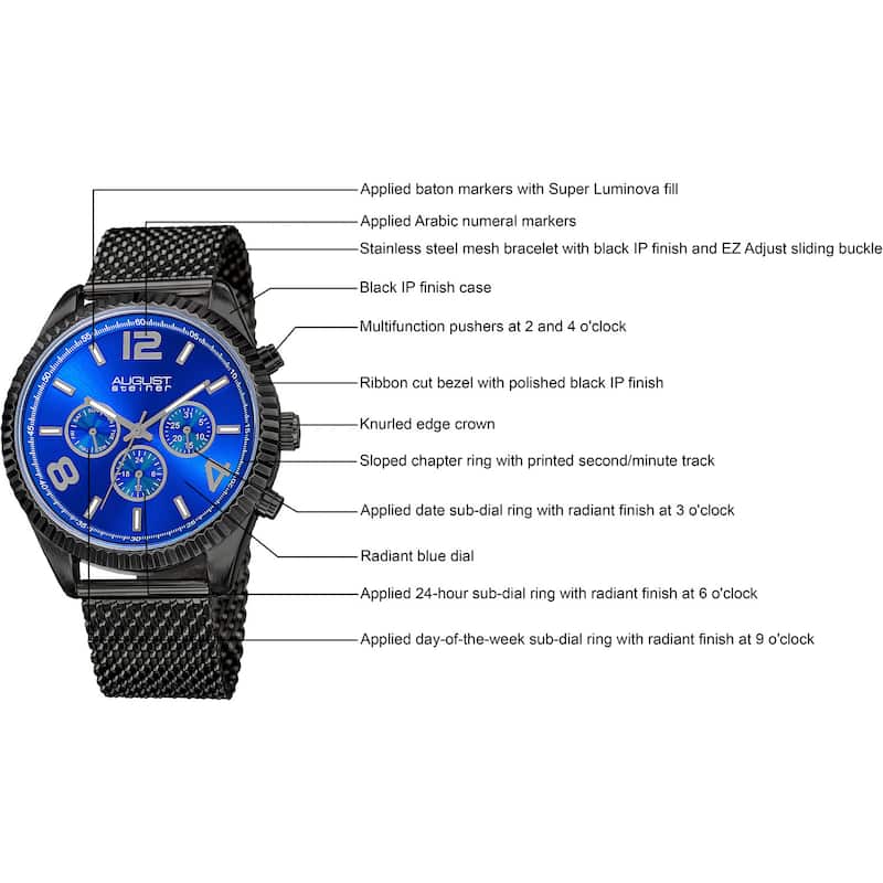 August Steiner Men's Swiss Quartz Multifunction Dual Time Stainless Steel Black Bracelet Watch