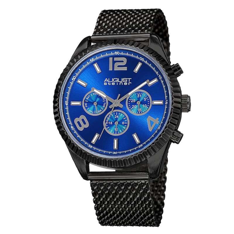 August Steiner Men's Swiss Quartz Multifunction Dual Time Stainless Steel Black Bracelet Watch - Blue Dial - Black