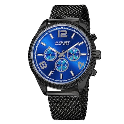 August Steiner Men's Swiss Quartz Multifunction Dual Time Stainless Steel Black Bracelet Watch