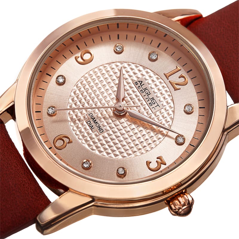 August Steiner Women's Quartz Diamond Leather Red Strap Watch