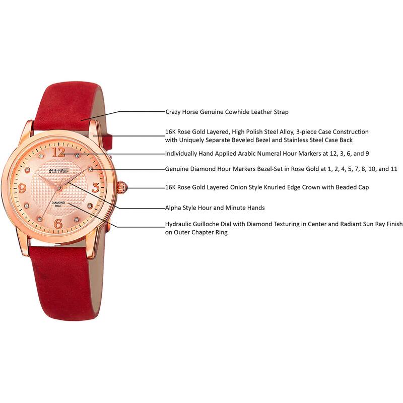August Steiner Women's Quartz Diamond Leather Red Strap Watch