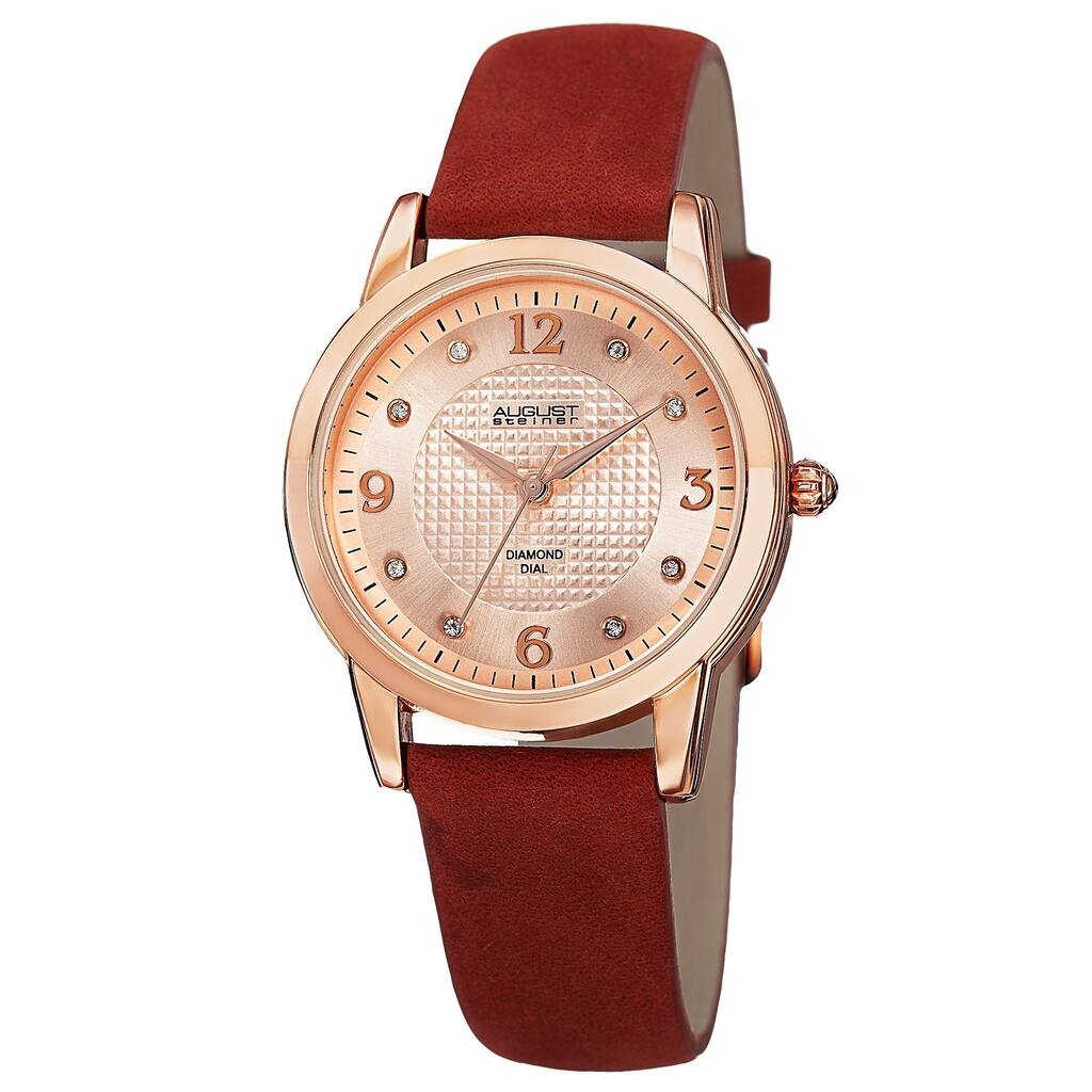 August Steiner Women's Quartz Diamond Leather Red Strap Watch