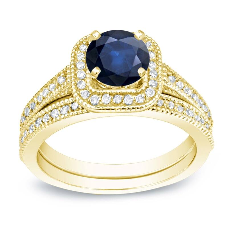 Auriya 14k Gold 2/5ct Blue Sapphire and 3/5ctw Diamond Engagement Ring Set - Yellow - 4