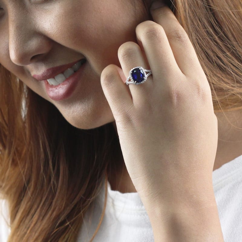 Auriya 18k White Gold 3ct Cushion-Cut Blue Sapphire and 1/3ct TDW Diamond Halo Engagement Ring