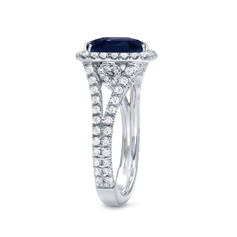 Auriya 18k White Gold 3ct Cushion-Cut Blue Sapphire and 1/3ct TDW Diamond Halo Engagement Ring