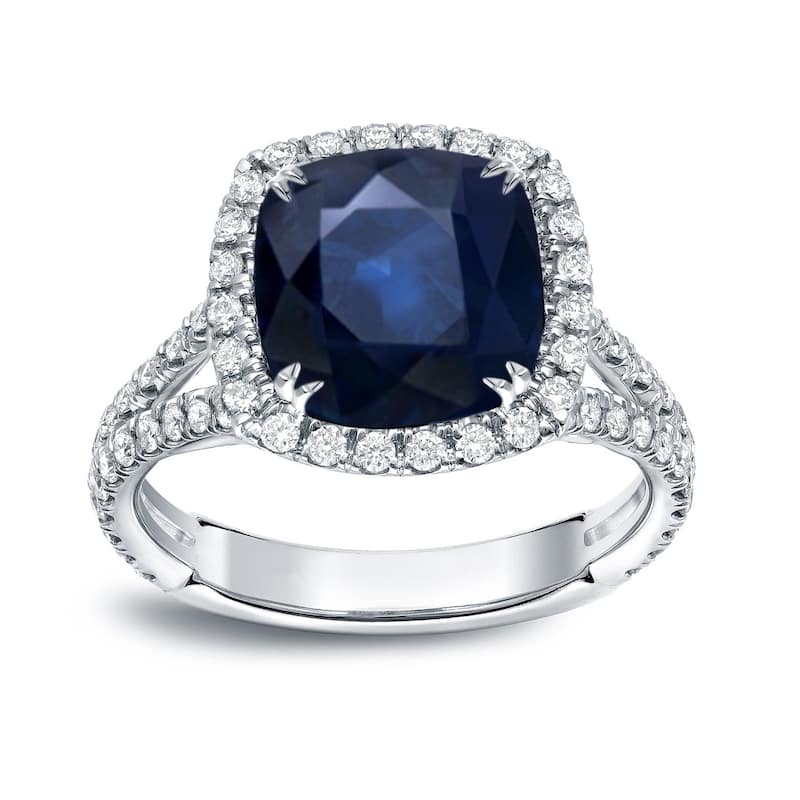 Auriya 18k White Gold 3ct Cushion-Cut Blue Sapphire and 1/3ct TDW Diamond Halo Engagement Ring