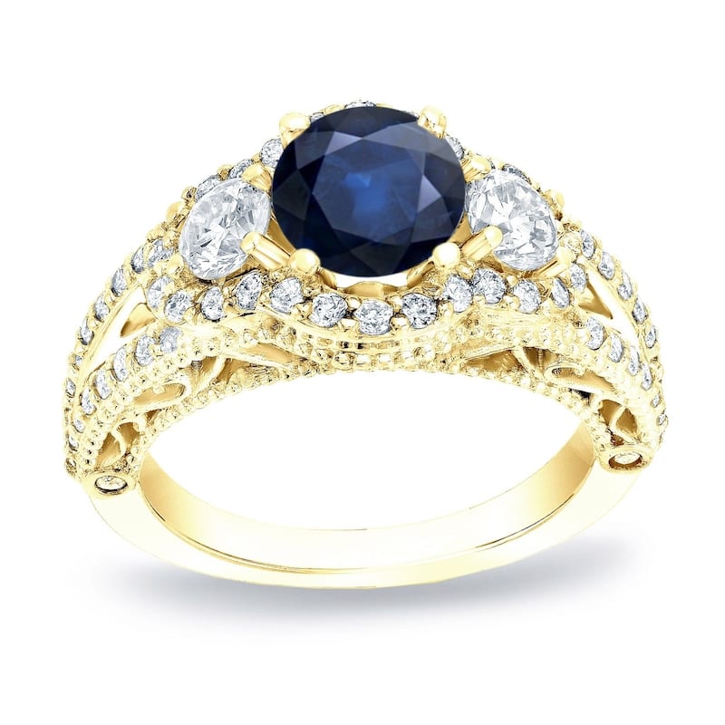 Auriya 14k Gold 3/4ct Vintage Blue Sapphire 3-Stone Diamond Engagement Ring 1 1/4ctw (H-I, SI1-SI2) - Yellow - 4