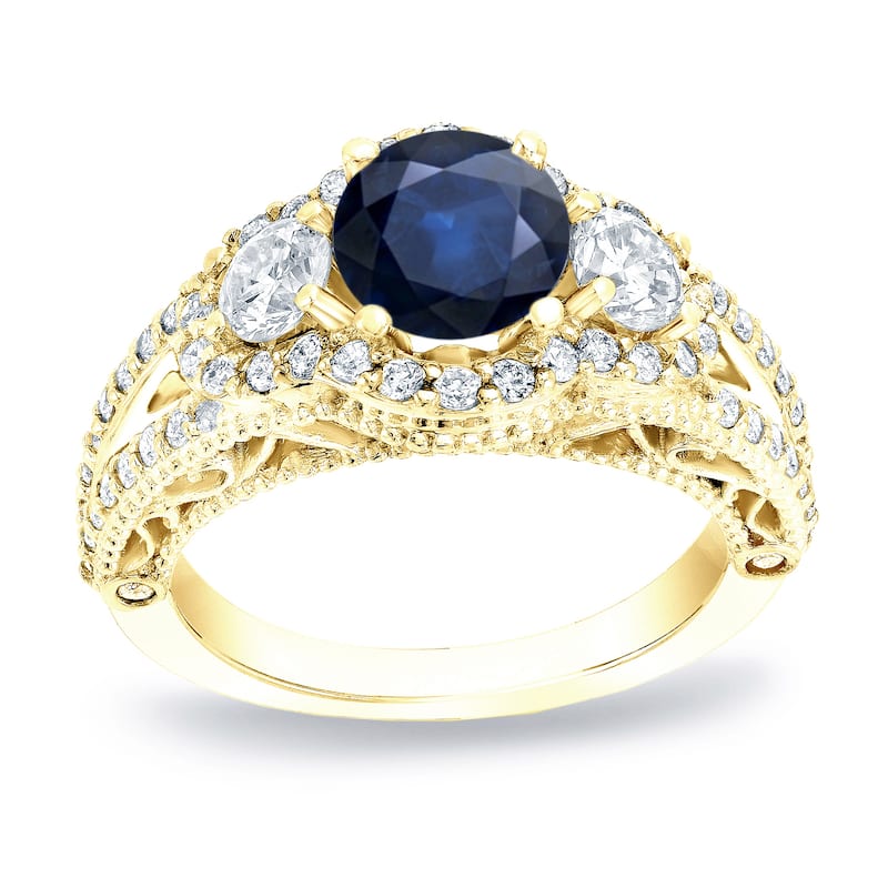 Auriya 14k Gold 3/4ct Vintage Blue Sapphire 3-Stone Diamond Engagement Ring 1 1/4ctw (H-I, SI1-SI2)