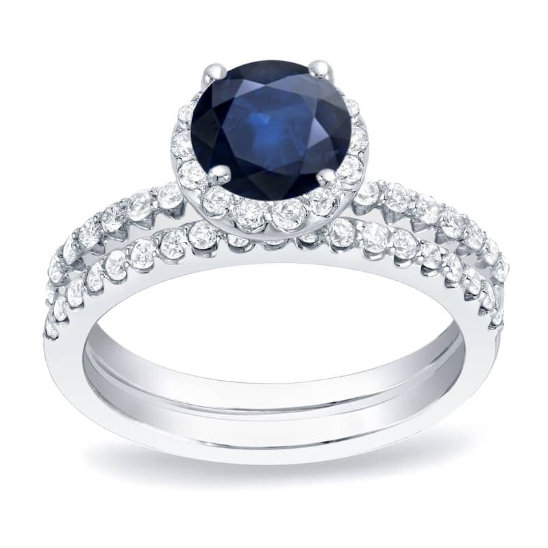 Auriya 14k Gold 1/2ct Blue Sapphire and 3/4ctw Halo Diamond Engagement Ring Set - White - 4