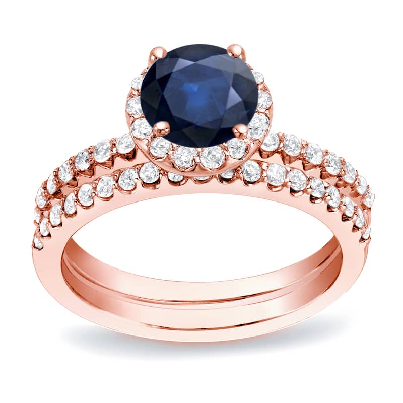 Auriya 14k Gold 1/2ct Blue Sapphire and 3/4ctw Halo Diamond Engagement Ring Set