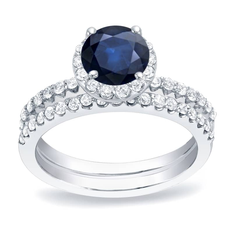 Auriya 14k Gold 1/2ct Blue Sapphire and 3/4ctw Halo Diamond Engagement Ring Set
