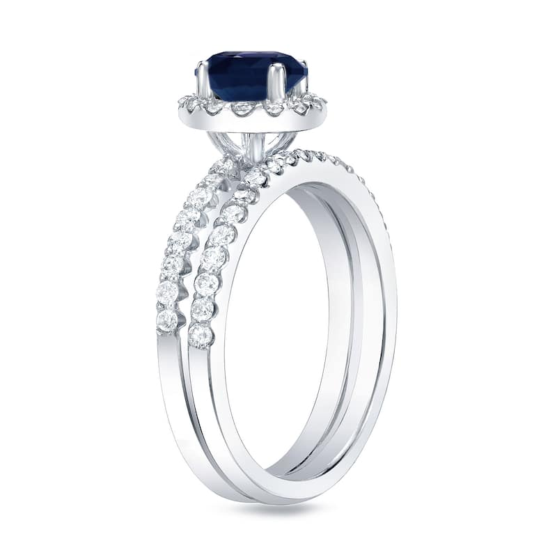 Auriya 14k Gold 1/2ct Blue Sapphire and 3/4ctw Halo Diamond Engagement Ring Set