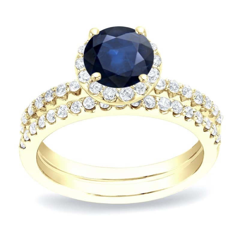 Auriya 14k Gold 1/2ct Blue Sapphire and 3/4ctw Halo Diamond Engagement Ring Set - Yellow - 4