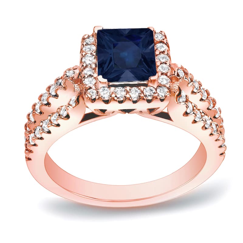 Auriya 14k Gold 1ct Modern Princess-cut Sapphire and Diamond Halo Engagement Ring 3/4ctw - Rose - 4